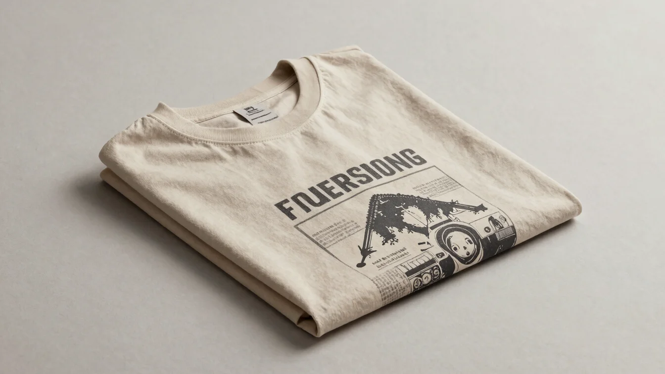 Close studio photograph of a folded graphic tee with a crisp original print, soft daylight, neutral palette, 50mm lens,