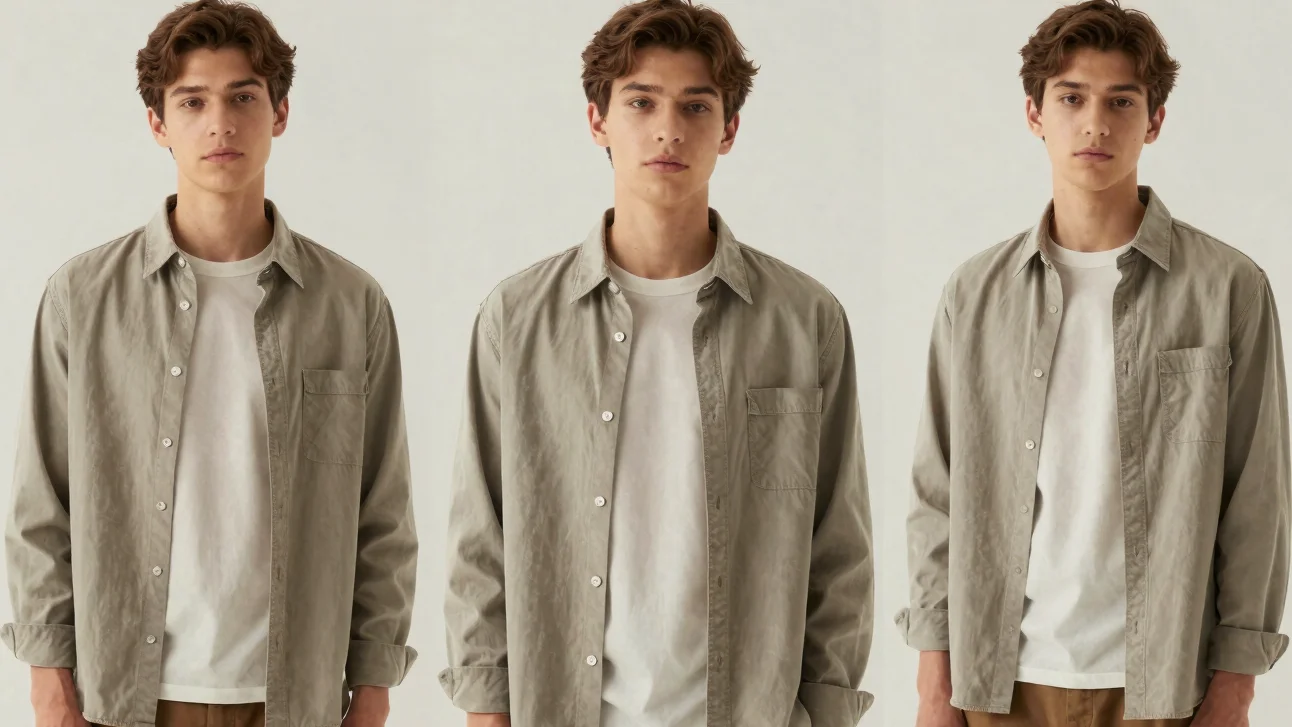 Three-quarter studio view of a teen model wearing a relaxed overshirt over a plain tee, soft daylight, neutral backdrop,