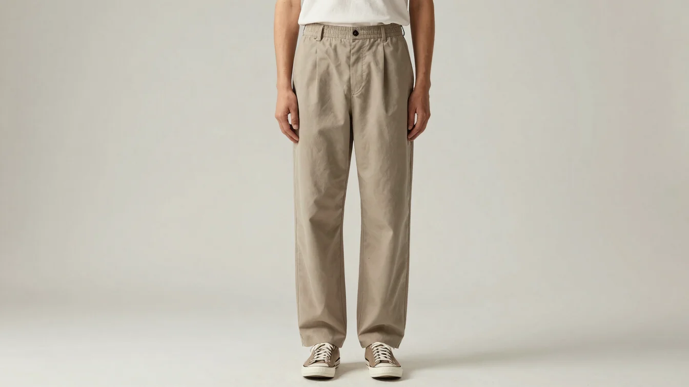 Full-length studio photograph of relaxed trousers styled with a simple top, soft daylight, refined neutral palette, clea