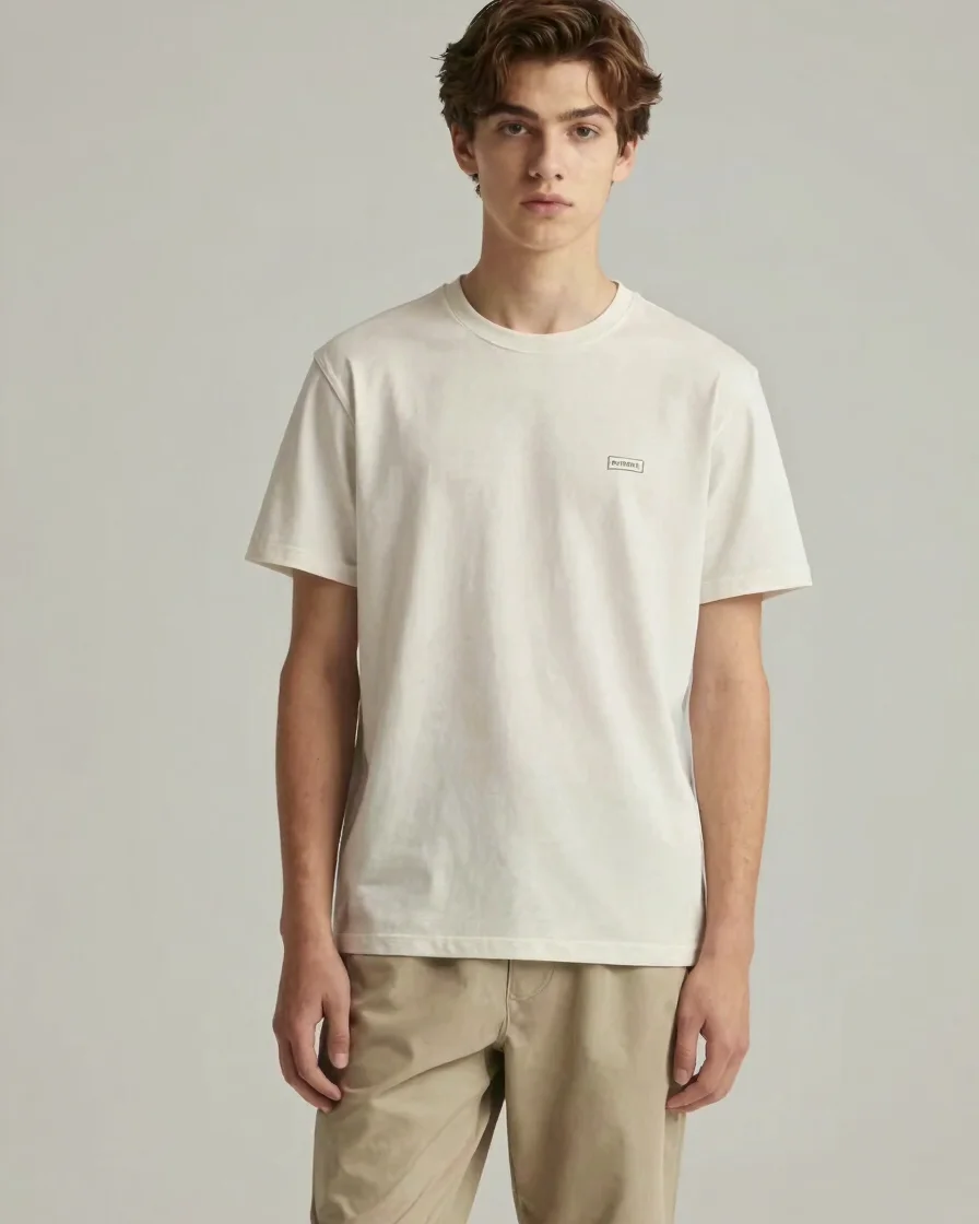 Editorial apparel photograph of a teen model in a clean neutral o