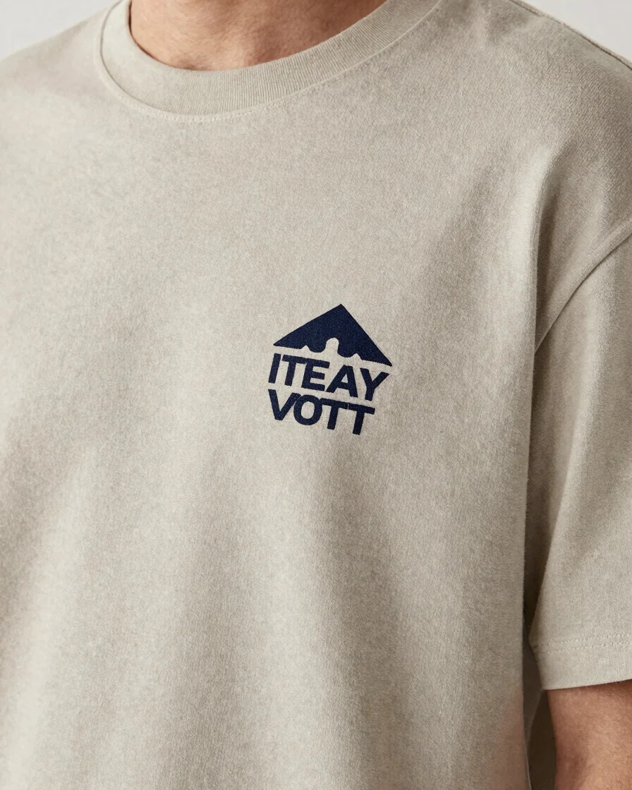 Close-up editorial detail of a screen-printed graphic on a neutral cotton tee, soft studio daylight, crisp graphic textu
