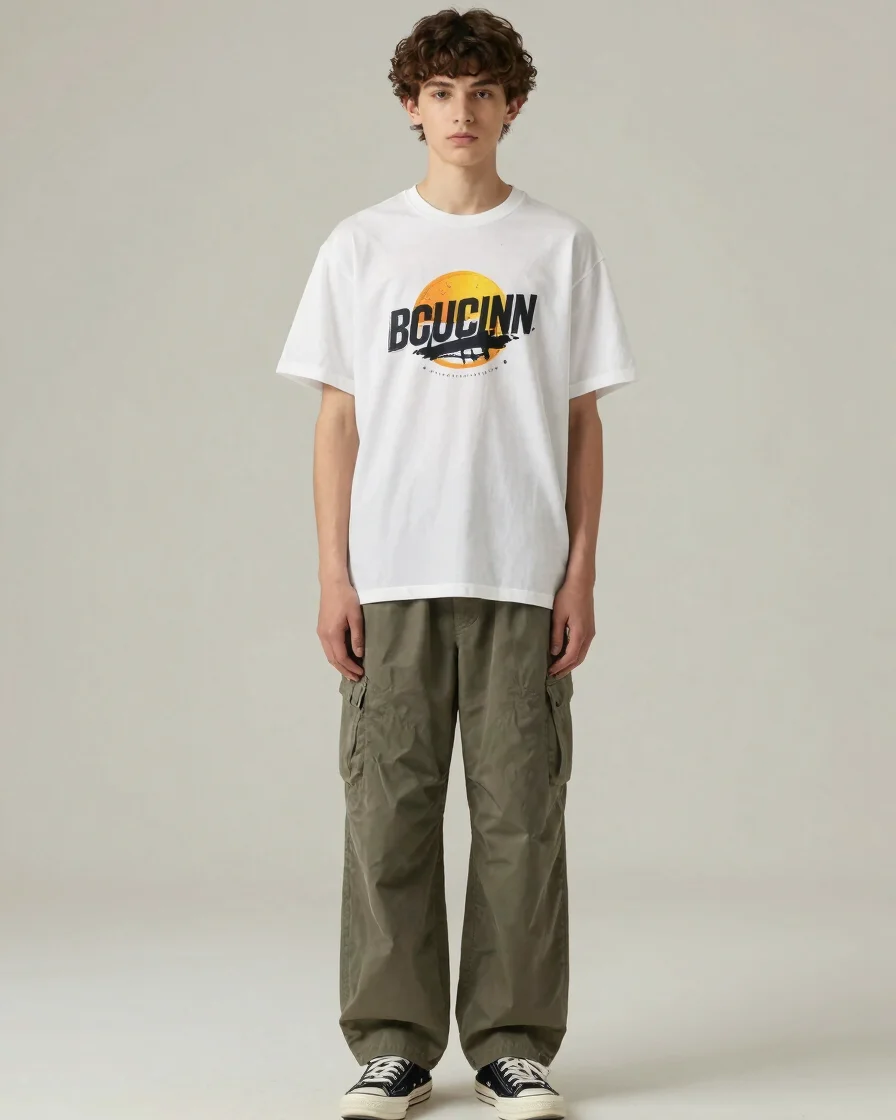 Editorial full-length photograph of a teen model in a current str